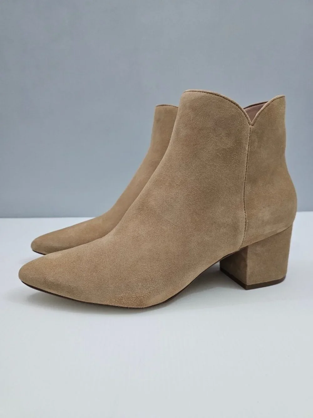 Cole Haan Elyse Ankle Boot Womens 11 Tan Suede Block Heel Pointed Toe Minimal
